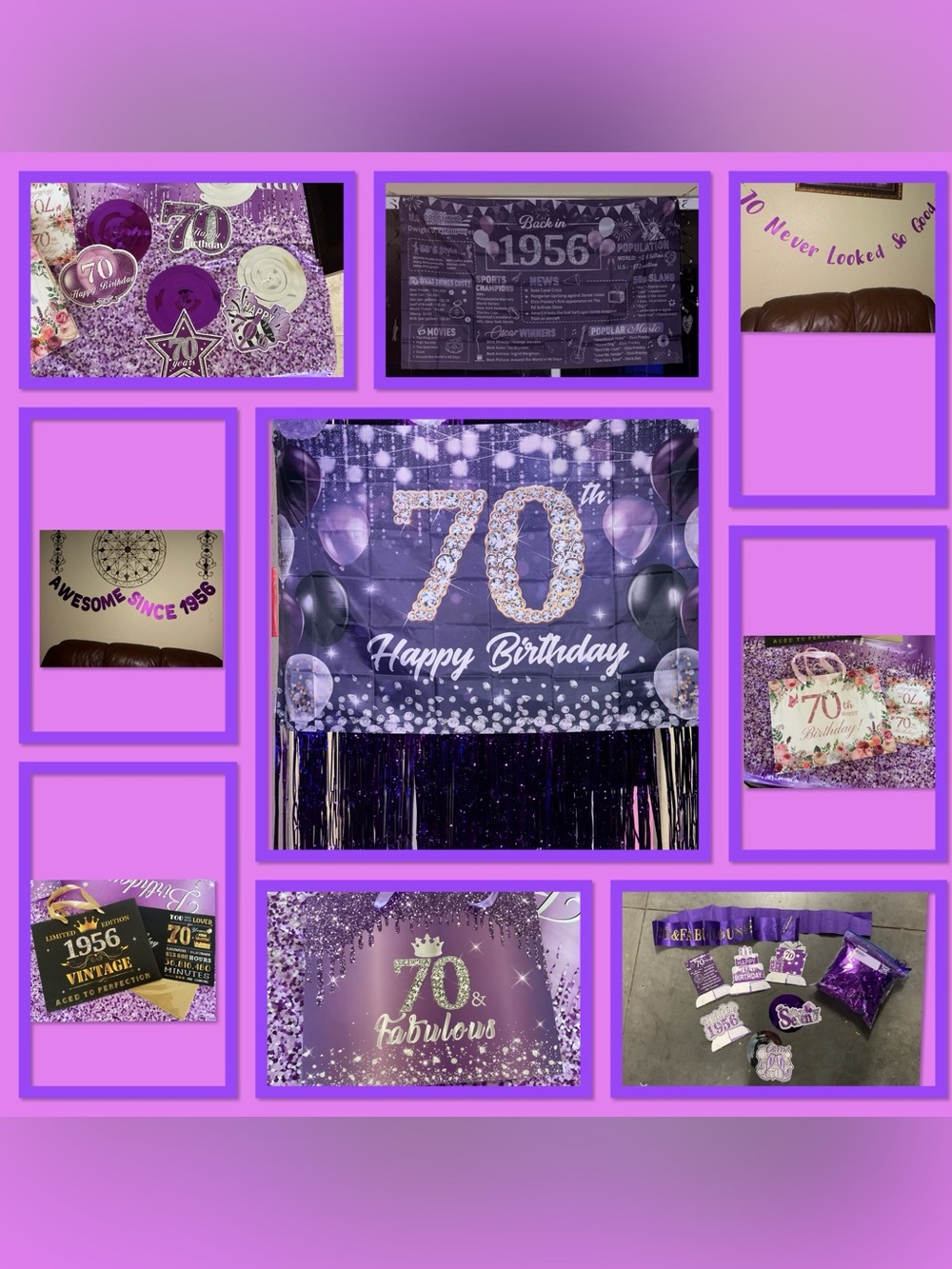Purple and Silver 70th Decorations and Gift Bags